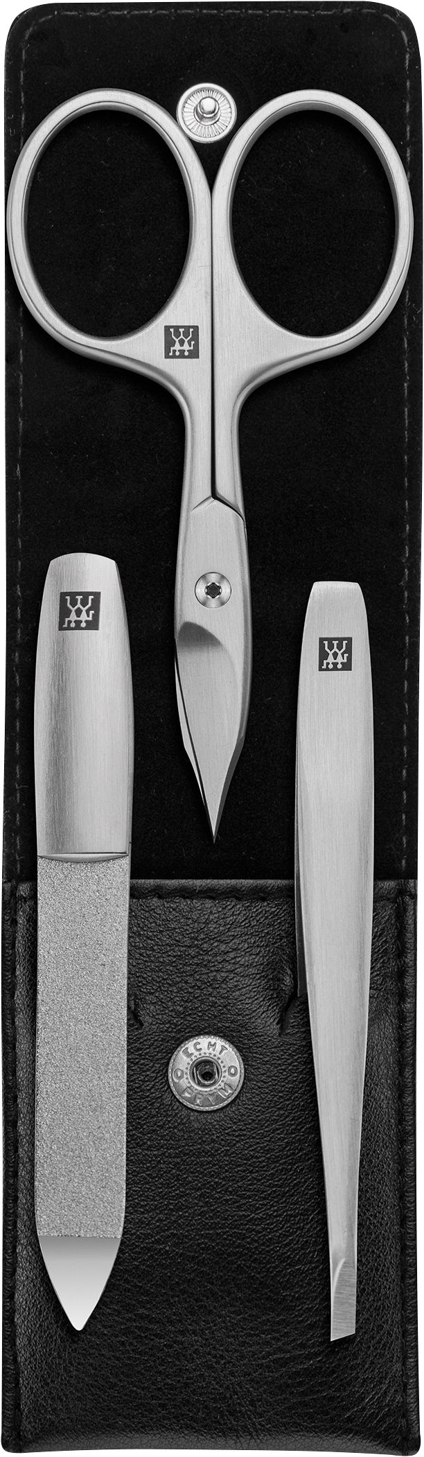 Geöffnetes ZWILLING Premium Set 3tlg. in schwarz essentiellen Pflegeinstrumenten aus rostfreiem Edelstahl.