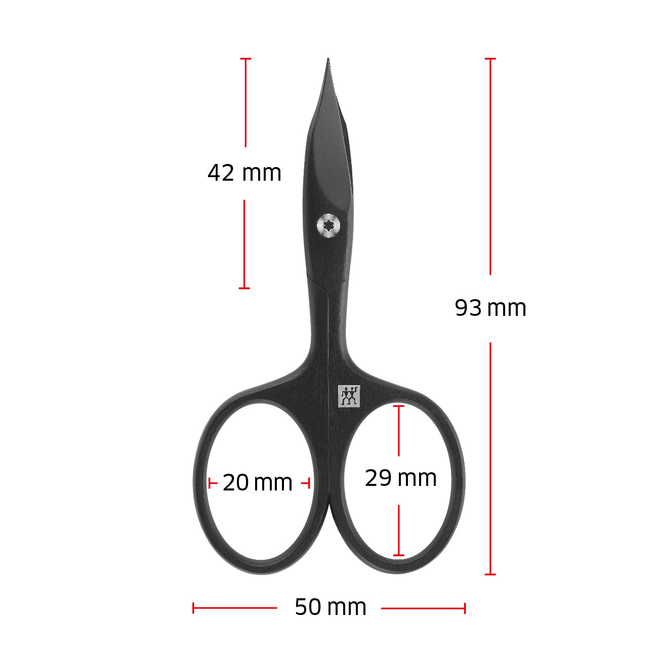 Größenangaben einer ZWILLING Premium Nagel- und Nagelhautschere. Gesamtlänge beträgt 93mm.