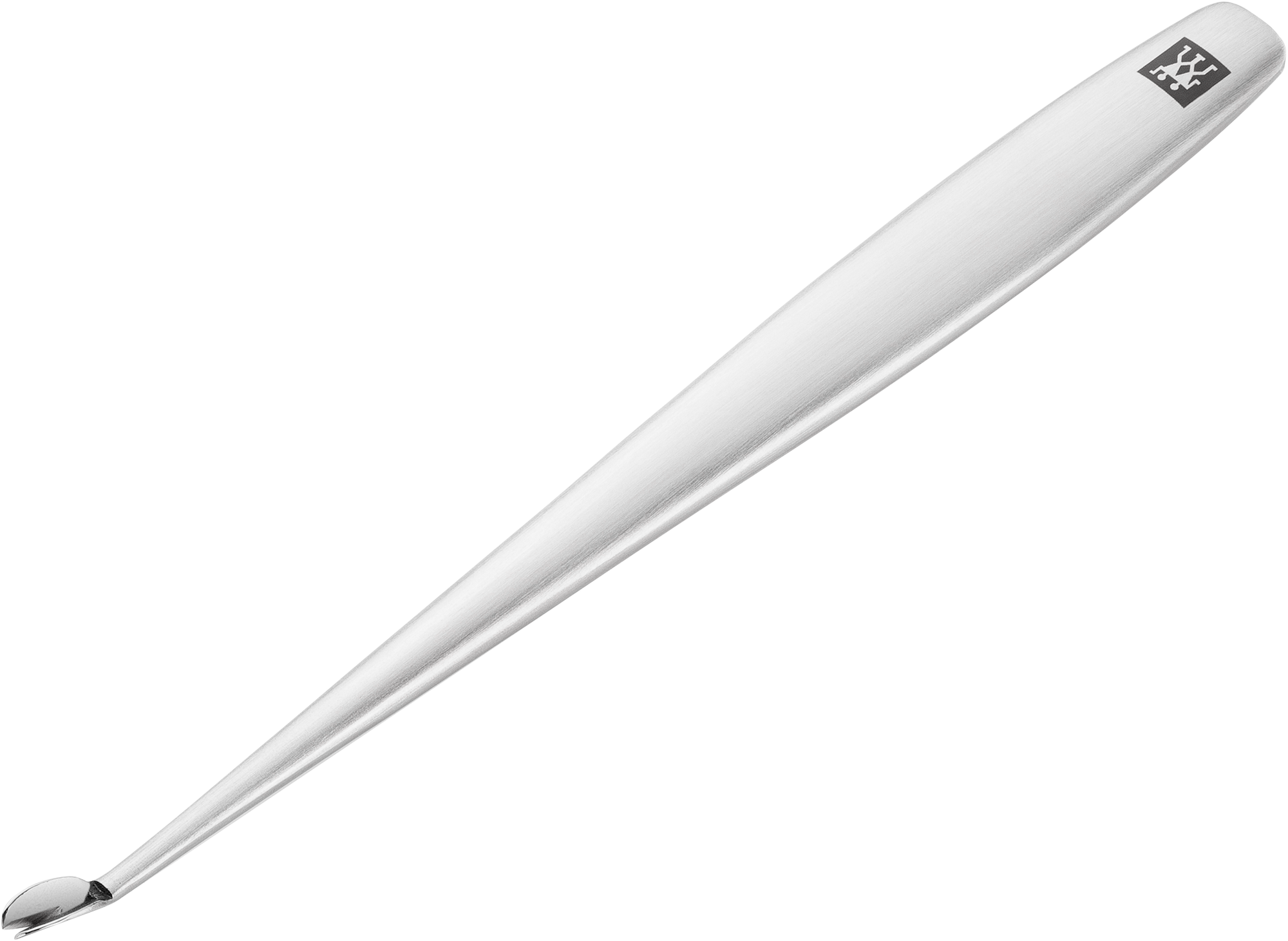 Queransicht eines ZWILLING Premium Nagelhautmessers aus rostfreiem Edelstahl mit V-förmiger Spitze.