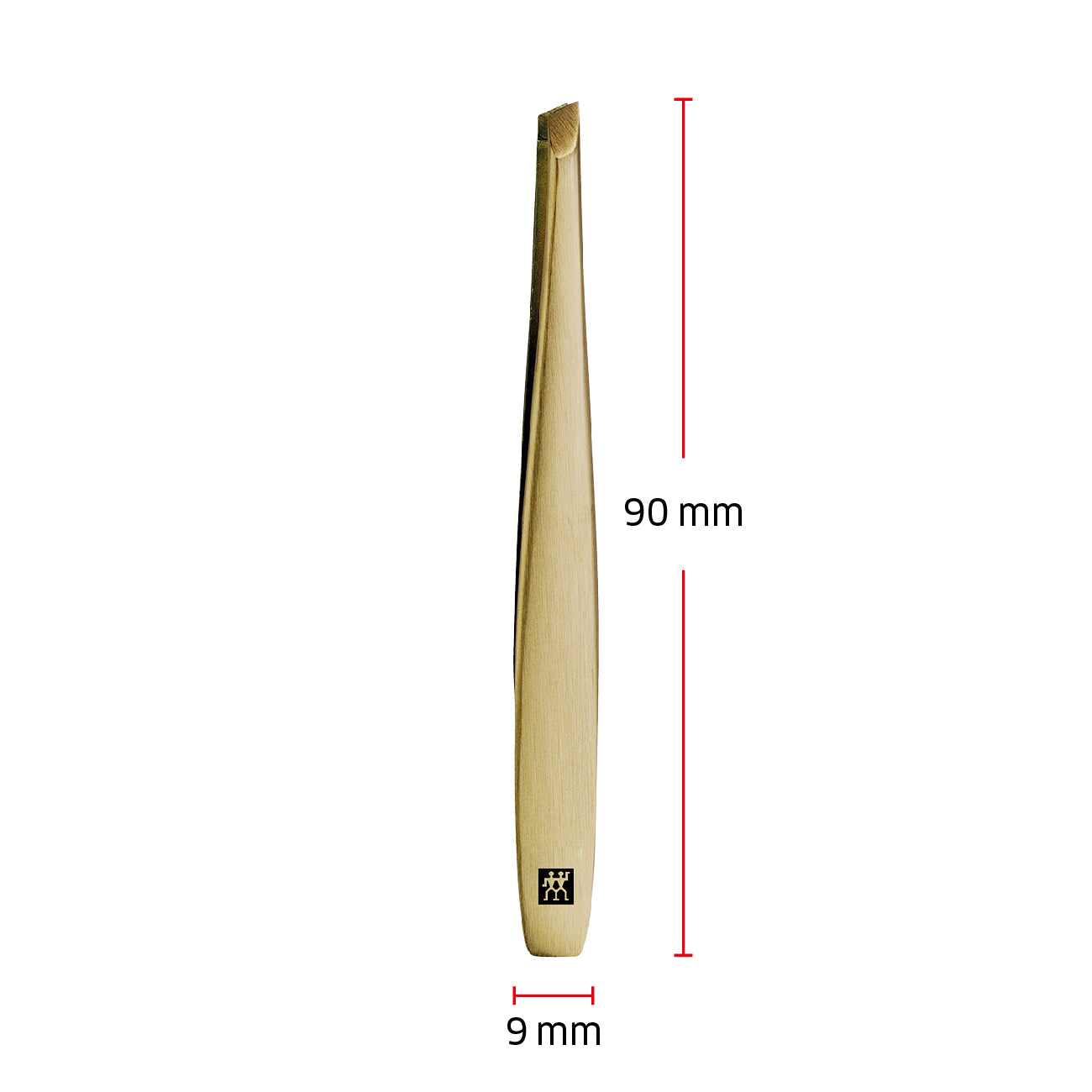 Größenangaben einer ZWILLING Premium schrägen Pinzette. Gesamtlänge beträgt 90mm.