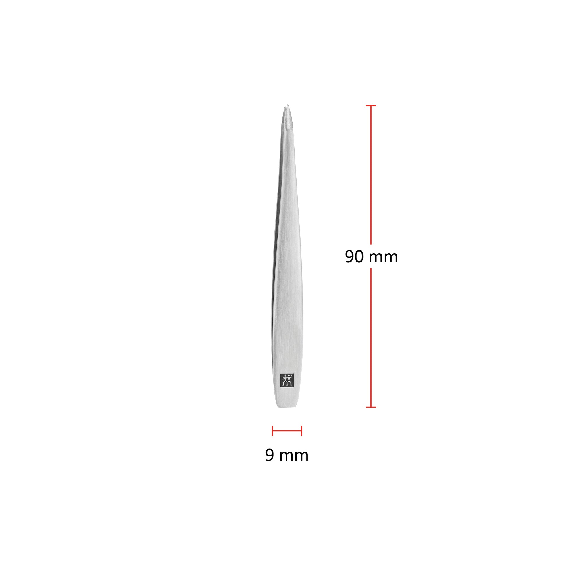 Größenangaben einer ZWILLING Premium spitzen Pinzette. Gesamtlänge beträgt 90mm.