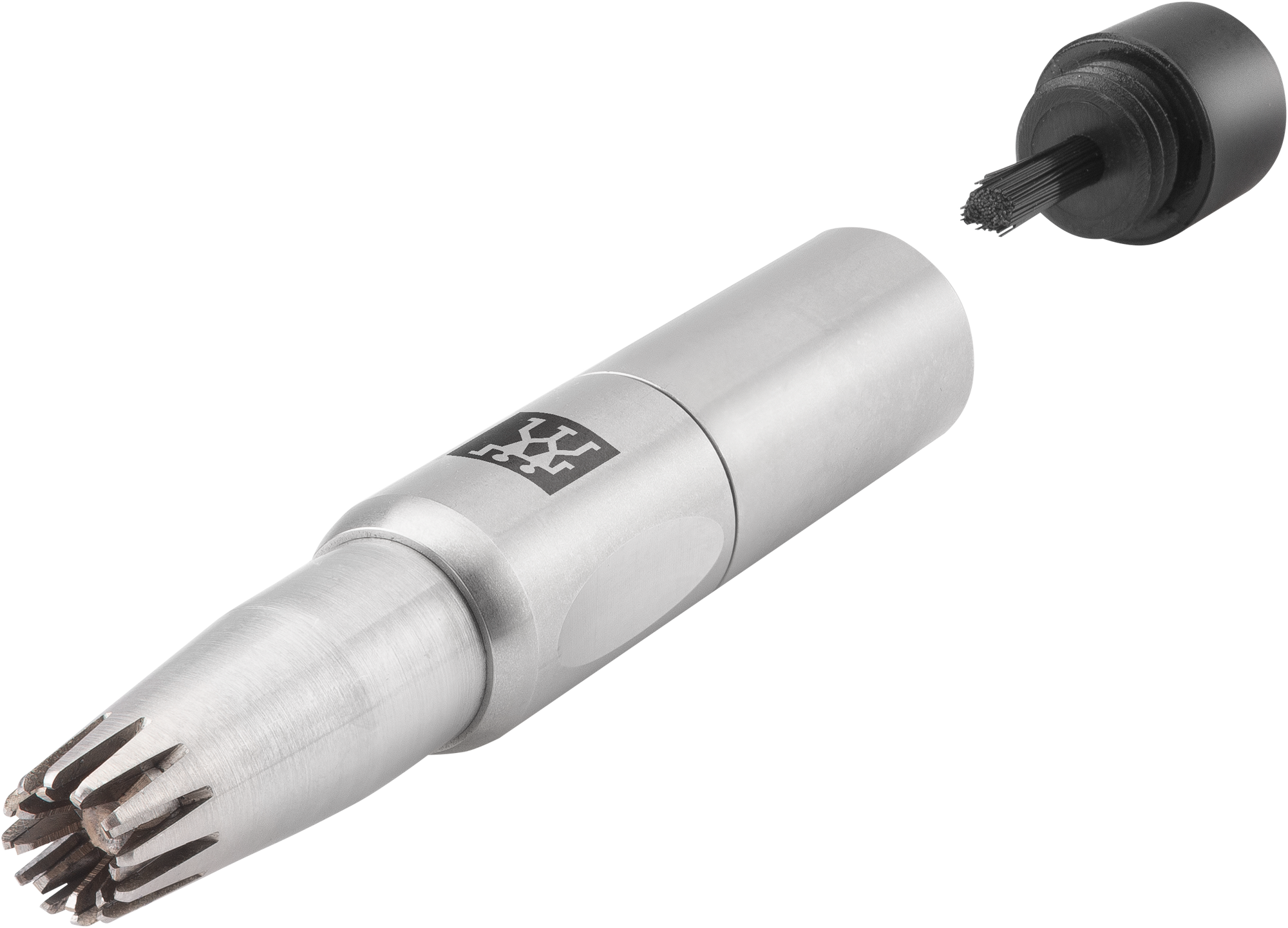 Queransicht eines ZWILLING Premium 
Premium Nasen- und Ohrenhaartrimmers mit innenliegenden, rotierenden Schneiden, Reinigungsbürste hinten.