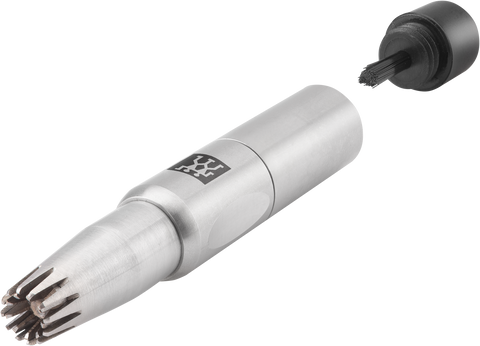 Queransicht eines ZWILLING Premium 
Premium Nasen- und Ohrenhaartrimmers mit innenliegenden, rotierenden Schneiden, Reinigungsbürste hinten.