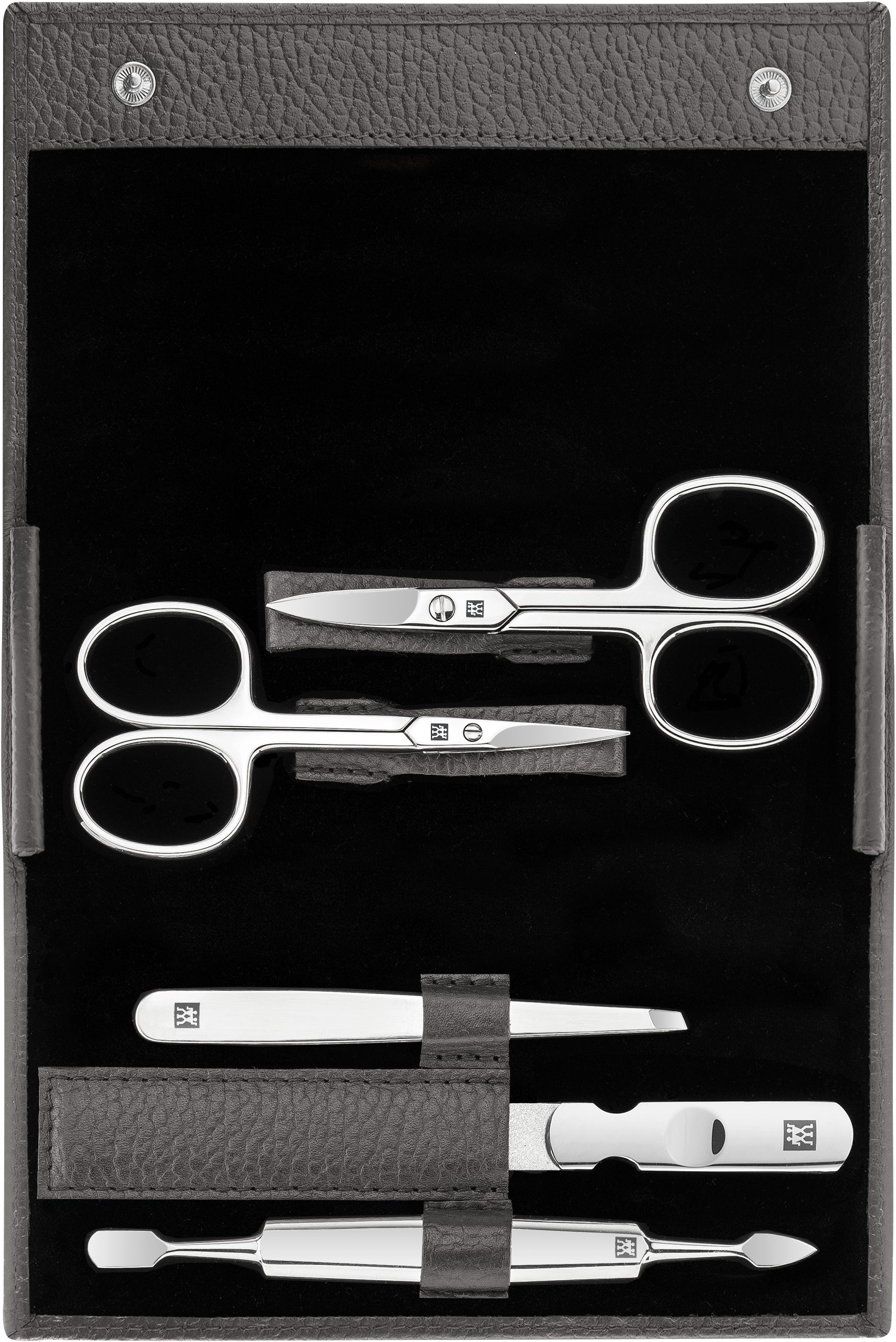 Geöffnetes ZWILLING Classic Set 5tlg. in anthrazit mit den meistgenutzten Pflegeinstrumenten aus rostfreiem Edelstahl.