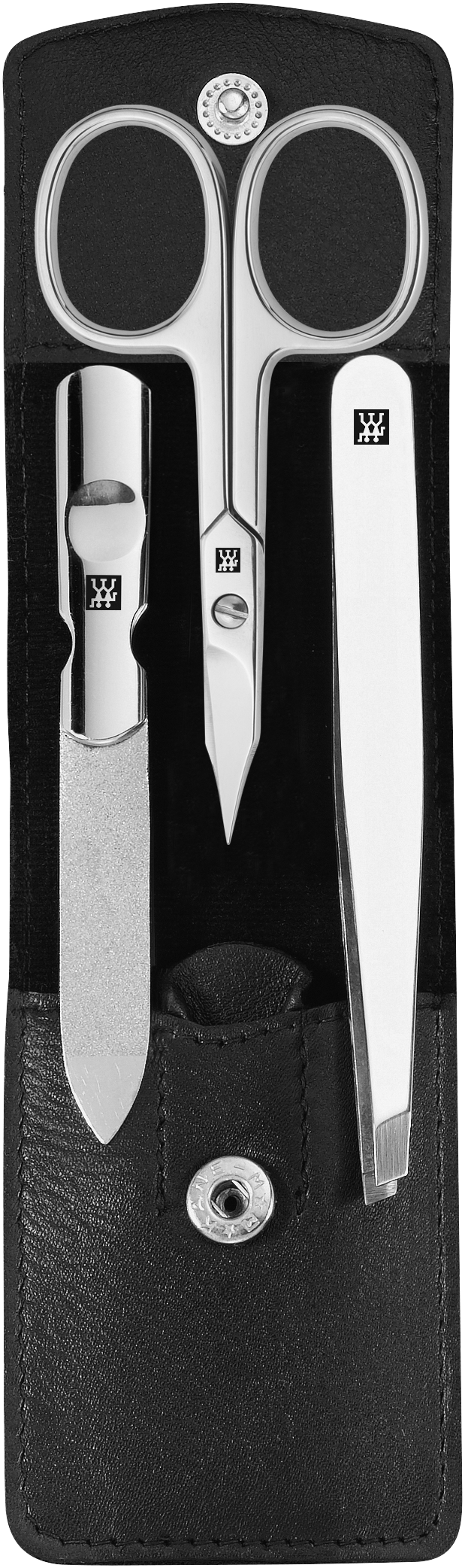 Geöffnetes ZWILLING Classic Set 3tlg. in schwarz mit essentiellen Pflegeinstrumenten aus rostfreiem Edelstahl.
