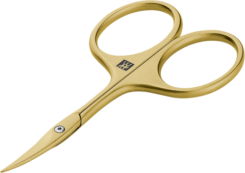 Queransicht einer ZWILLING Premium  Nagelhautschere in Gold mit scharfer, spitz zulaufender Schneide.
