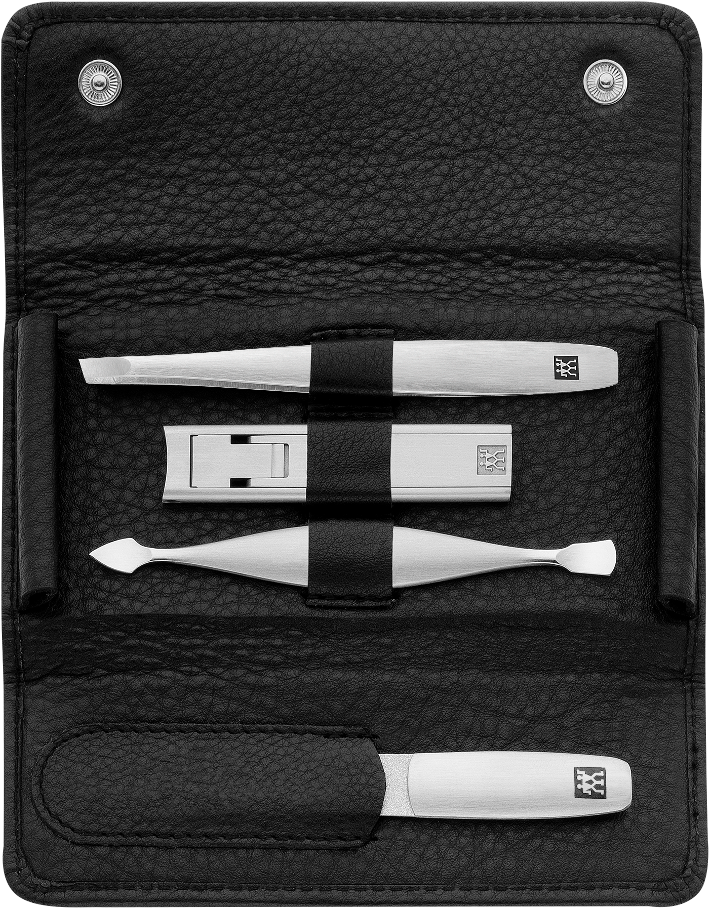 Geöffnetes ZWILLING Premium Set 4tlg. in schwarz mit essentiellen Pflegeinstrumenten aus rostfreiem Edelstahl.