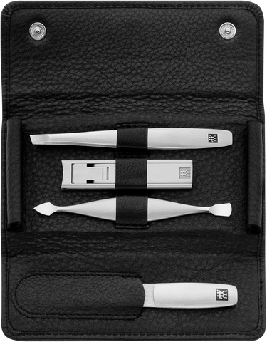 Geöffnetes ZWILLING Premium Set 4tlg. in schwarz mit essentiellen Pflegeinstrumenten aus rostfreiem Edelstahl.