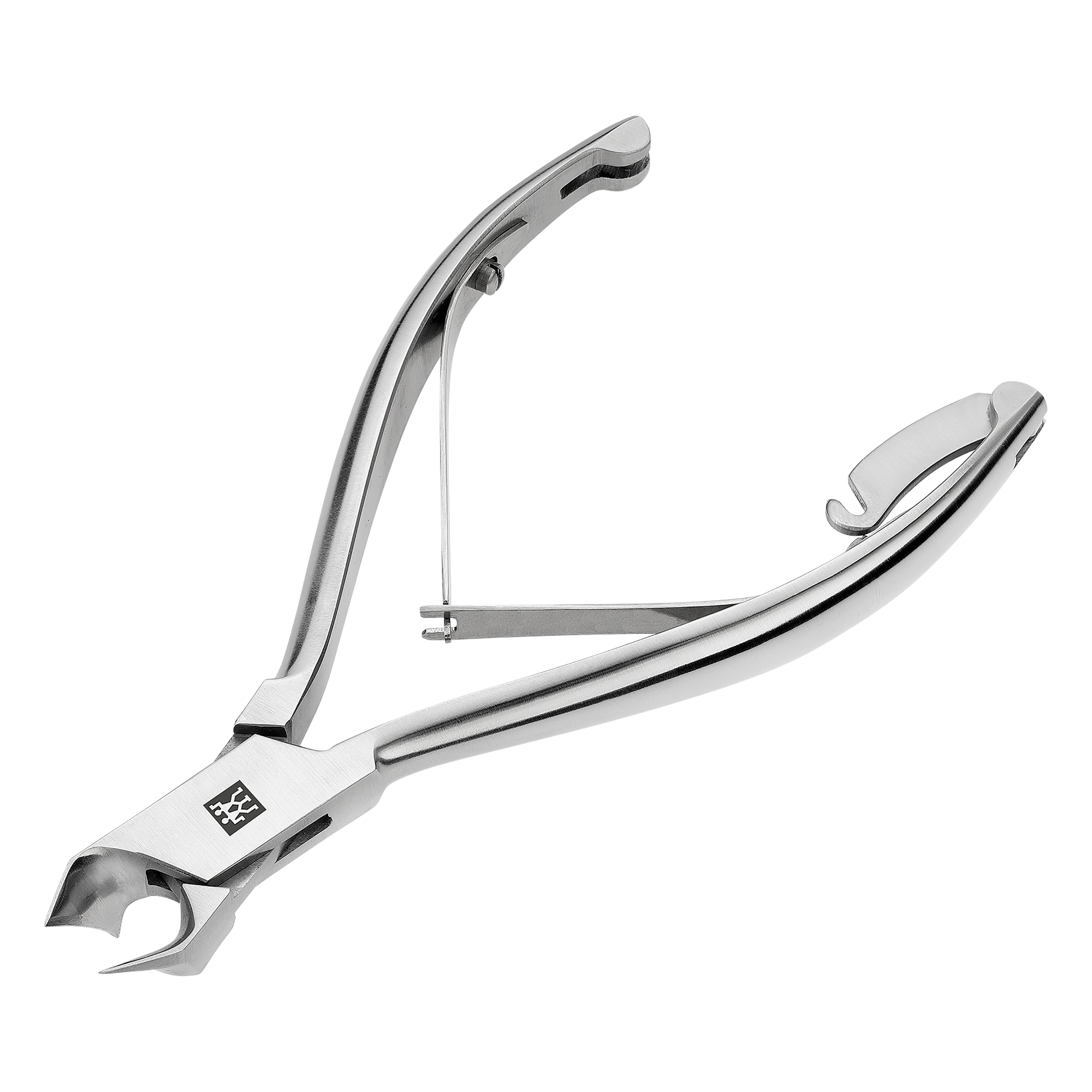 Queransicht einer geöffnete ZWILLING Premium Nagelzange mit Kopfschneider aus rostfreiem Edelstahl, mattiert mit besonders scharfen Schneiden.