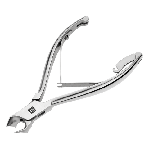 Queransicht einer geöffnete ZWILLING Premium Nagelzange mit Kopfschneider aus rostfreiem Edelstahl, mattiert mit besonders scharfen Schneiden.