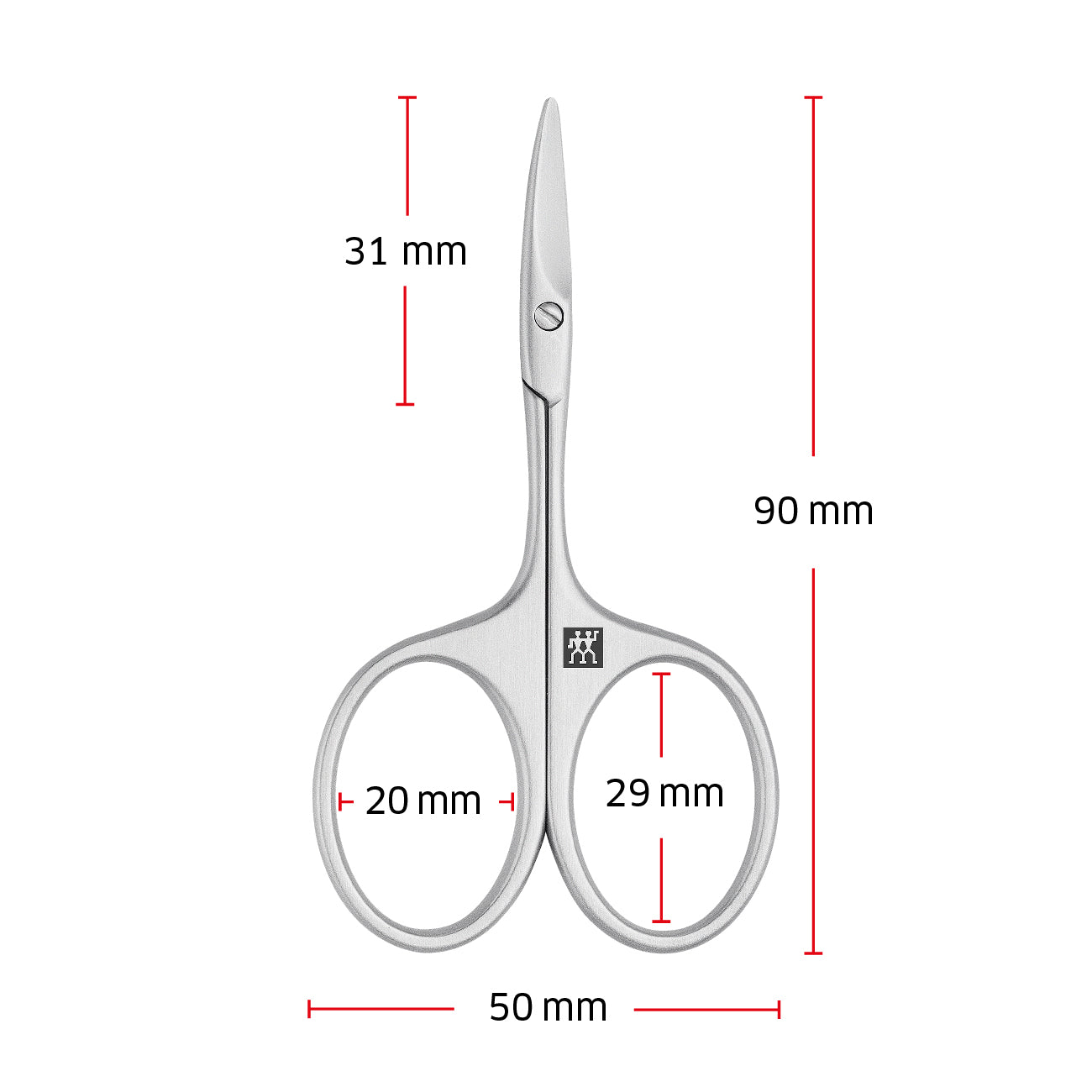 Größenangaben einer ZWILLING Premium Baby-Nagelschere. Gesamtlänge beträgt 90mm.
