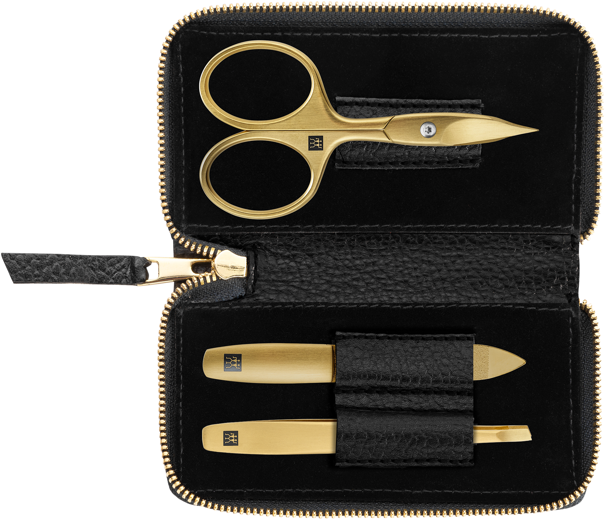 Geöffnetes ZWILLING Premium Set 3tlg. in schwarz mit essentiellen Pflegeinstrumenten in gold.