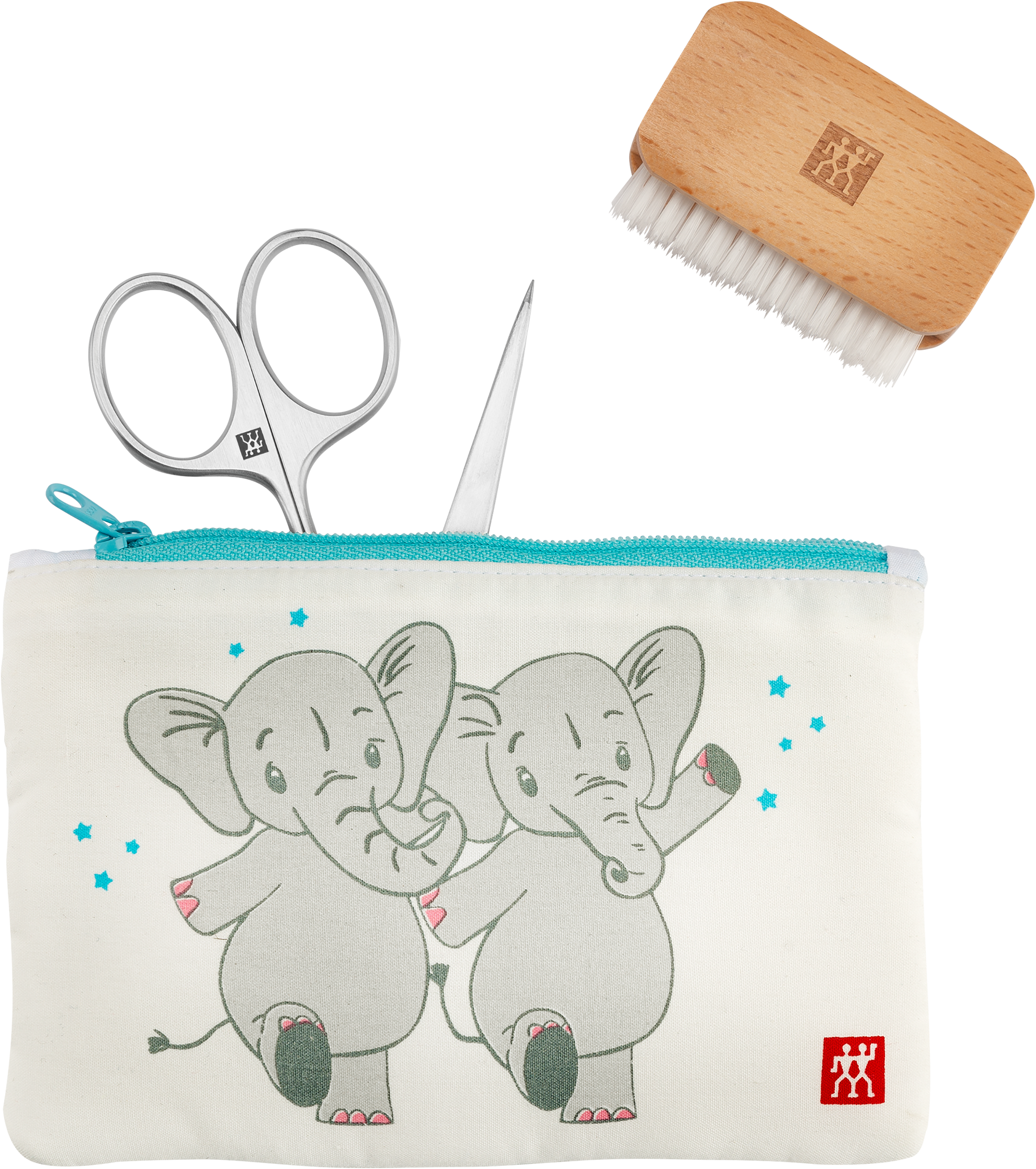 Frontalansicht eines ZWILLING Premium Sets 3tlg. in weiß mit verspieltem Motiv für die Nagelpflege von Kindern.