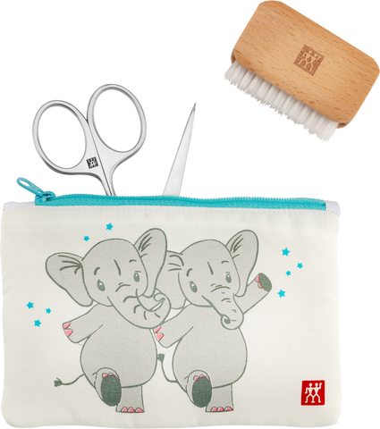 Frontalansicht eines ZWILLING Premium Sets 3tlg. in weiß mit verspieltem Motiv für die Nagelpflege von Kindern.