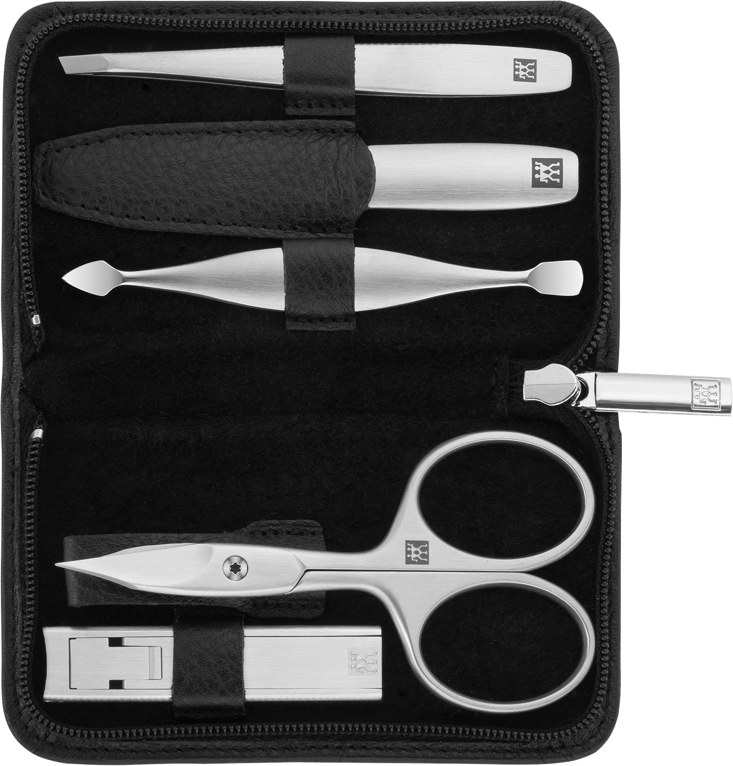 Geöffnetes ZWILLING Premium Set 5tlg. in schwarz mit den meistgenutzten Pflegeinstrumenten aus rostfreiem Edelstahl.
