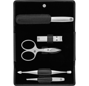 Geöffnetes ZWILLING Premium Set 5tlg. in schwarz mit den meistgenutzten Pflegeinstrumenten aus rostfreiem Edelstahl.