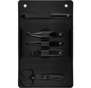 Geöffnetes ZWILLING Premium Set 5tlg. in schwarz mit den meistgenutzten Pflegeinstrumenten in matt-schwarz.