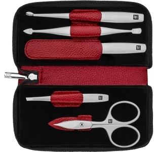 Geöffnetes ZWILLING Premium Maniküre Set 5tlg. in rot mit den meistgenutzten Pflegeinstrumenten aus rostfreiem Edelstahl.