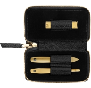Geöffnetes ZWILLING Premium Set 3tlg. in schwarz mit essentiellen Pflegeinstrumenten in gold.