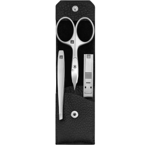 Geöffnetes ZWILLING Premium Set 3tlg. in schwarz mit essentiellen Pflegeinstrumenten aus rostfreiem Edelstahl.