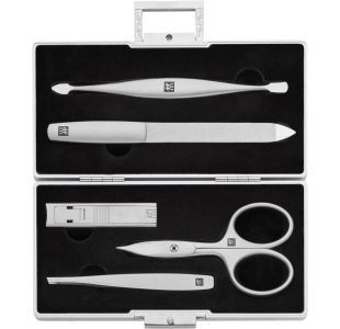 Geöffnetes ZWILLING Premium Set 5tlg. in silber mit Aluminiumgehäuse und den meistgenutzten Pflegeinstrumenten.