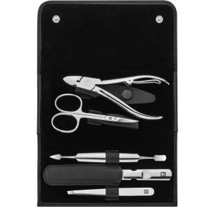 Geöffnetes ZWILLING Classic Set 5tlg. in schwarz mit den meistgenutzten Pflegeinstrumenten aus rostfreiem Edelstahl.
