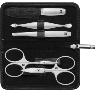 Geöffnetes ZWILLING Premium Set 5tlg. in schwarz mit den meistgenutzten Pflegeinstrumenten aus rostfreiem Edelstahl.