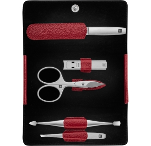 Geöffnetes ZWILLING Premium Maniküre Set 5tlg. in rot mit den meistgenutzten Pflegeinstrumenten aus rostfreiem Edelstahl.