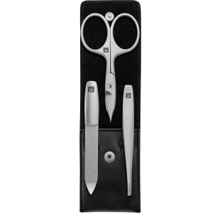 Geöffnetes ZWILLING Premium Set 3tlg. in schwarz essentiellen Pflegeinstrumenten aus rostfreiem Edelstahl.