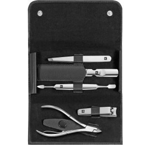 Geöffnetes ZWILLING Classic Set 5tlg. in schwarz mit den meistgenutzten Pflegeinstrumenten aus rostfreiem Edelstahl.