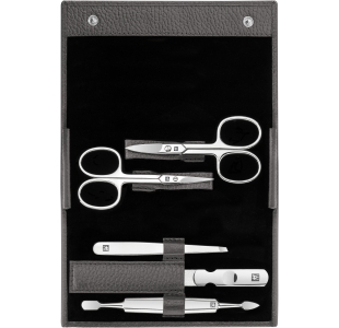 Geöffnetes ZWILLING Classic Set 5tlg. in anthrazit mit den meistgenutzten Pflegeinstrumenten aus rostfreiem Edelstahl.