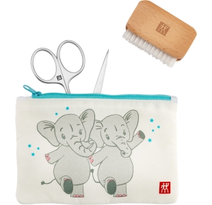 Frontalansicht eines ZWILLING Premium Sets 3tlg. in weiß mit verspieltem Motiv für die Nagelpflege von Kindern.